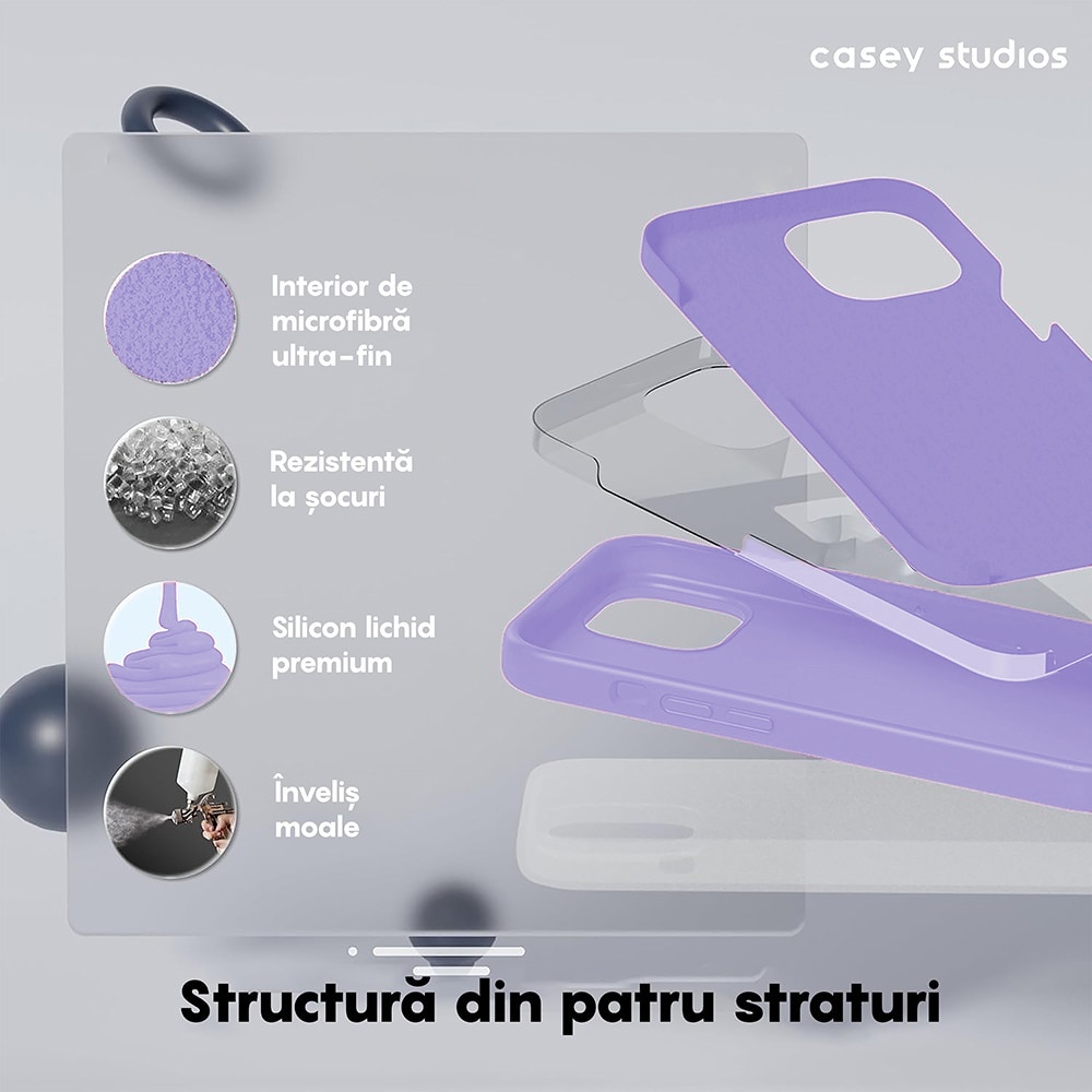 Husa CASEY STUDIOS™ pentru Apple iPhone 15 Plus, Soft Silicone Premium, Microfibra in Interior, Light Lilac, de Protectie, Ultra Slim, pentru Incarcare Wireless, Margini Ridicate pentru Protectia Ecranului si a Camerelor