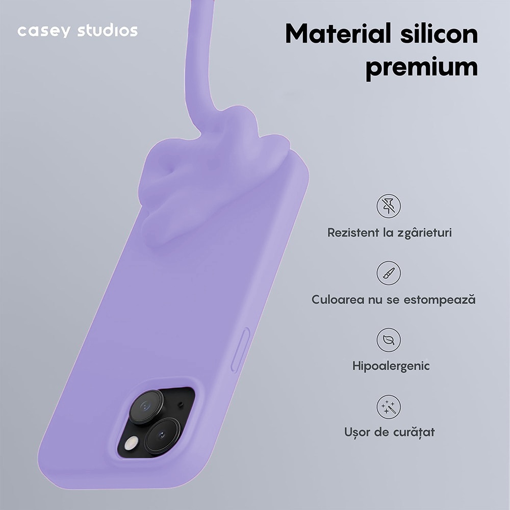 Husa CASEY STUDIOS™ pentru Apple iPhone 15 Plus, Soft Silicone Premium, Microfibra in Interior, Light Lilac, de Protectie, Ultra Slim, pentru Incarcare Wireless, Margini Ridicate pentru Protectia Ecranului si a Camerelor