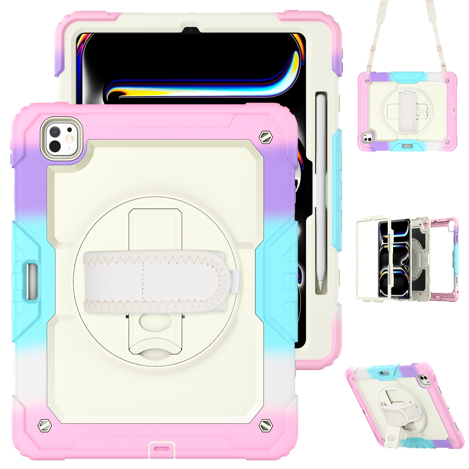 Husa Pentru iPad Pro 13 inch 7 generatie 2024, Rezistenta De Protectie Pentru Intregul Corp, Cu Stilou Optic Universal (Nereincarcabil), Protectie Pentru EEcran, Suport Rotativ, Curea, Roz