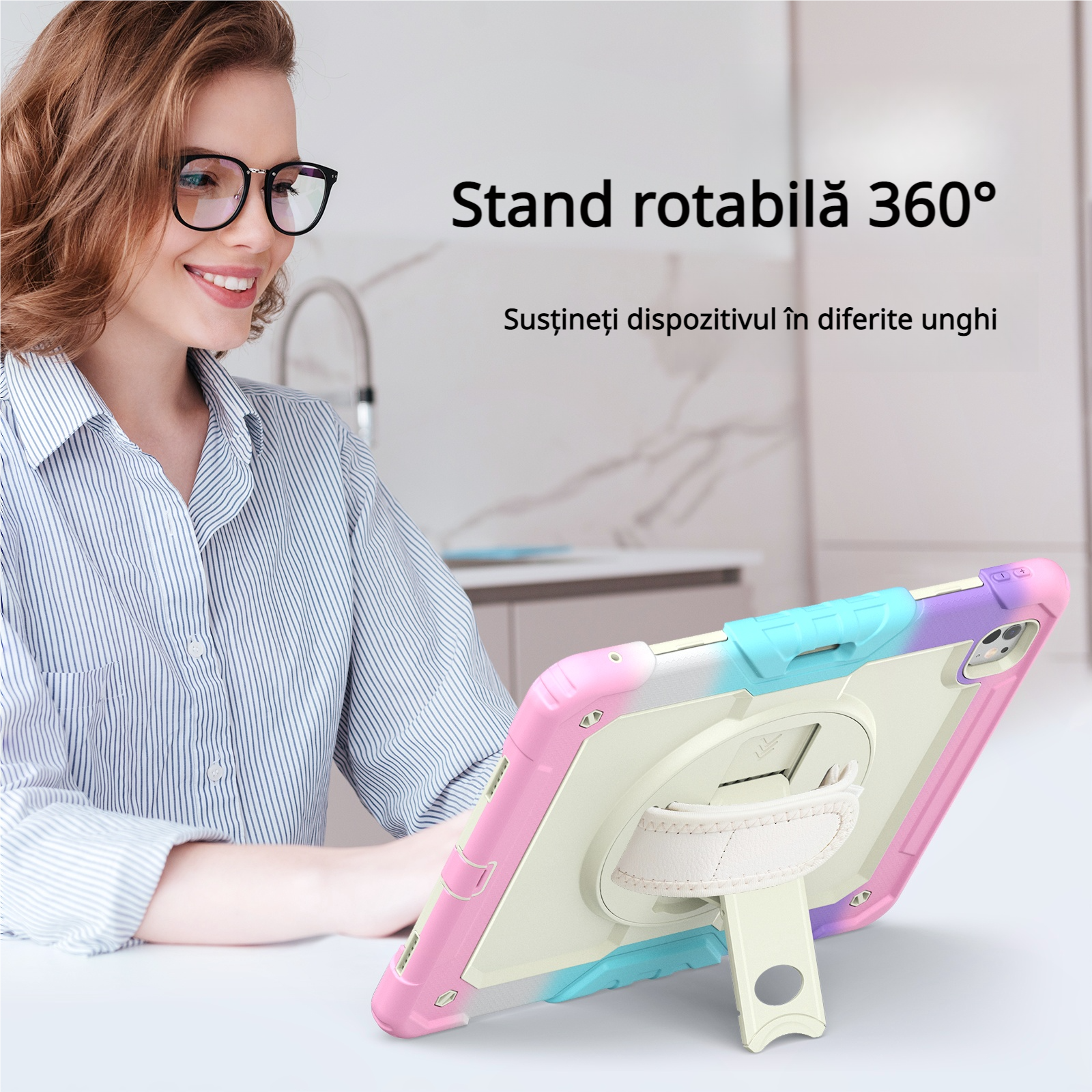Husa Pentru iPad Pro 13 inch 7 generatie 2024, Rezistenta De Protectie Pentru Intregul Corp, Cu Stilou Optic Universal (Nereincarcabil), Protectie Pentru EEcran, Suport Rotativ, Curea, Roz