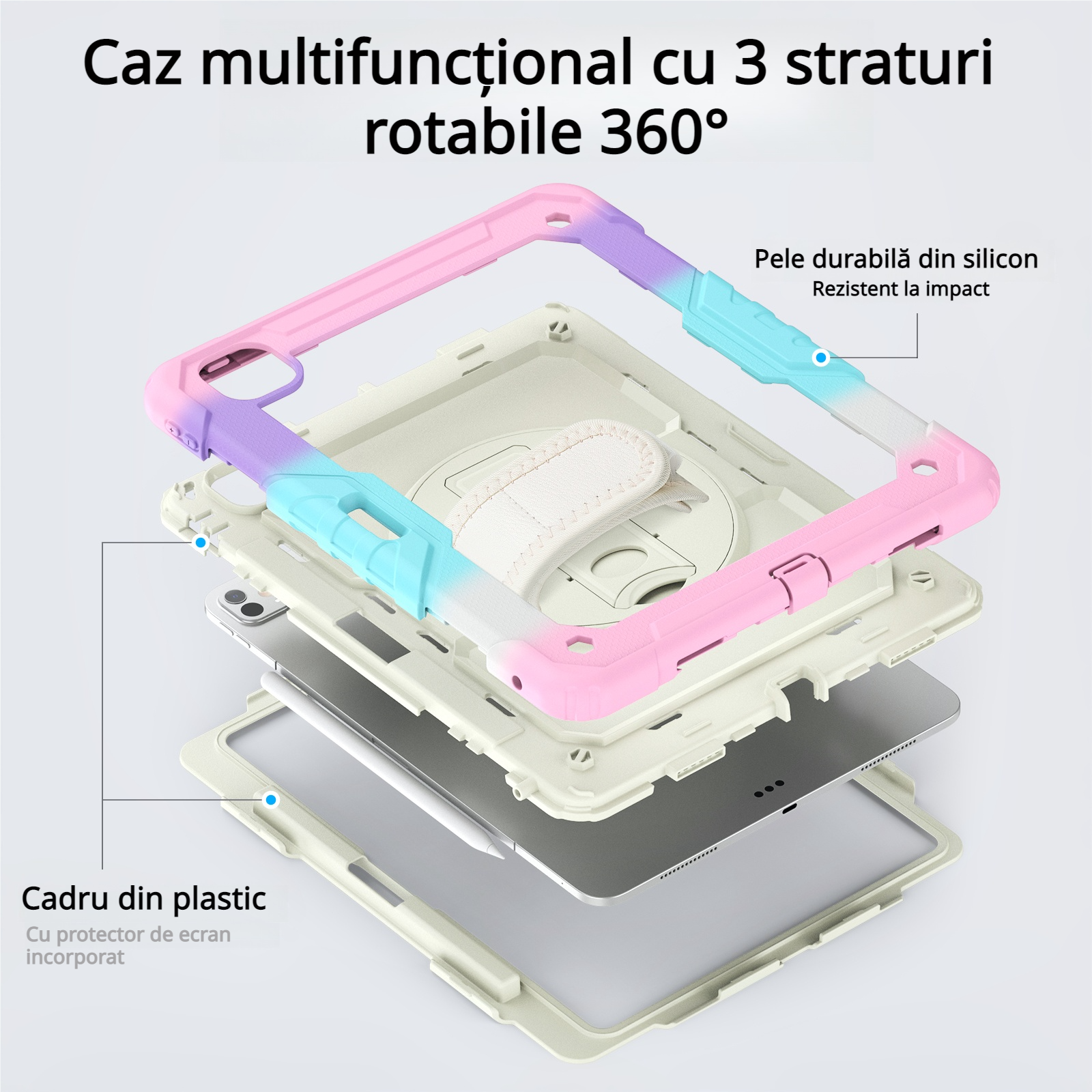Husa Pentru iPad Pro 13 inch 7 generatie 2024, Rezistenta De Protectie Pentru Intregul Corp, Cu Stilou Optic Universal (Nereincarcabil), Protectie Pentru EEcran, Suport Rotativ, Curea, Roz