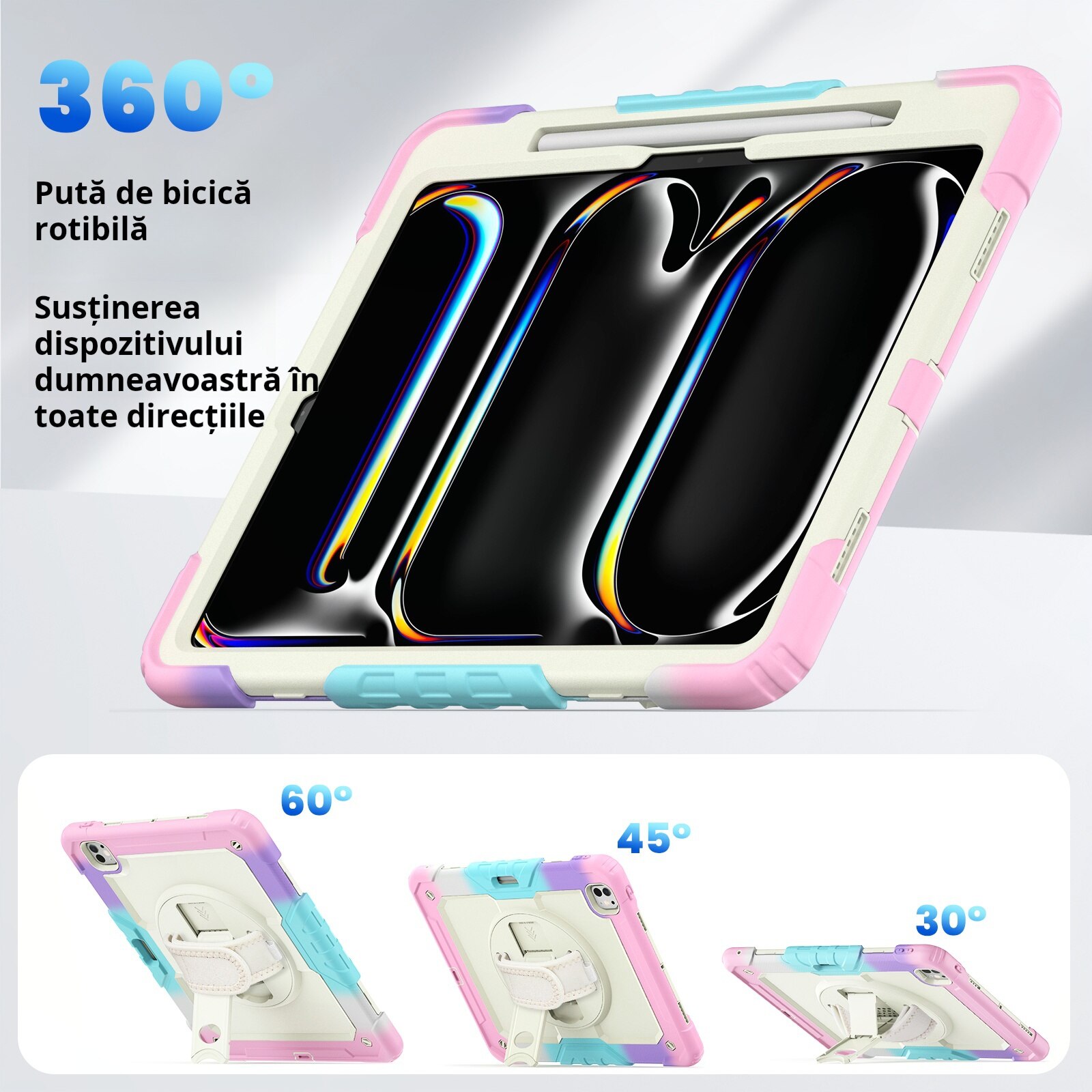 Husa Pentru iPad Pro 13 inch 7 generatie 2024, Rezistenta De Protectie Pentru Intregul Corp, Cu Stilou Optic Universal (Nereincarcabil), Protectie Pentru EEcran, Suport Rotativ, Curea, Roz