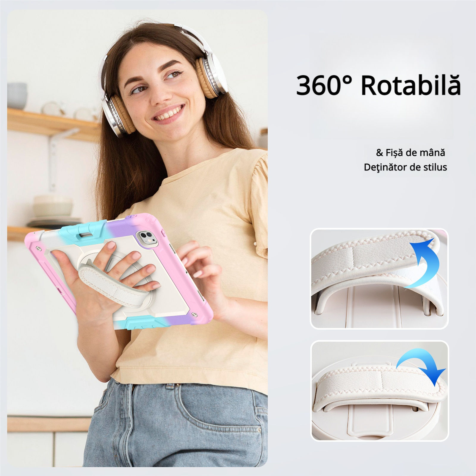 Husa Pentru iPad Pro 13 inch 7 generatie 2024, Rezistenta De Protectie Pentru Intregul Corp, Cu Stilou Optic Universal (Nereincarcabil), Protectie Pentru EEcran, Suport Rotativ, Curea, Roz