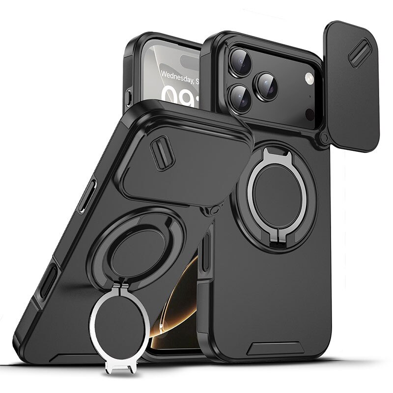 Carcasa pentru iPhone 17 Pro Max, Garsonal®, 6.9 inch, cu capac glisant pentru camera, suport rotativ 360, compatibila cu MagSafe, Negru
