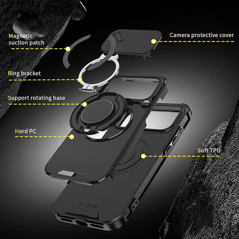 Carcasa pentru iPhone 17 Pro Max, Garsonal®, 6.9 inch, cu capac glisant pentru camera, suport rotativ 360, compatibila cu MagSafe, Negru