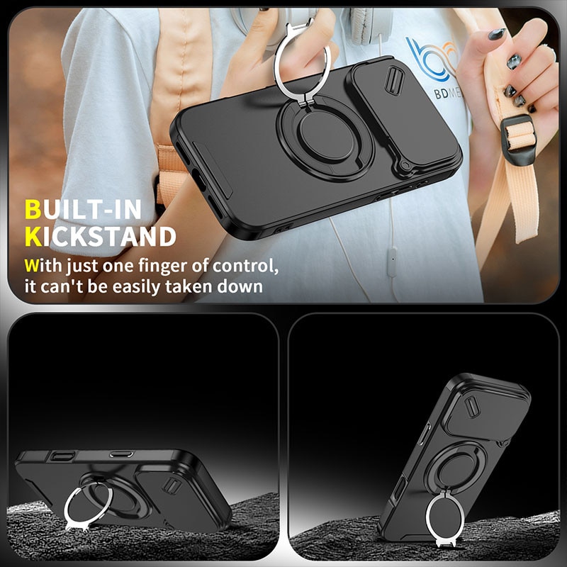 Carcasa pentru iPhone 17 Pro Max, Garsonal®, 6.9 inch, cu capac glisant pentru camera, suport rotativ 360, compatibila cu MagSafe, Negru