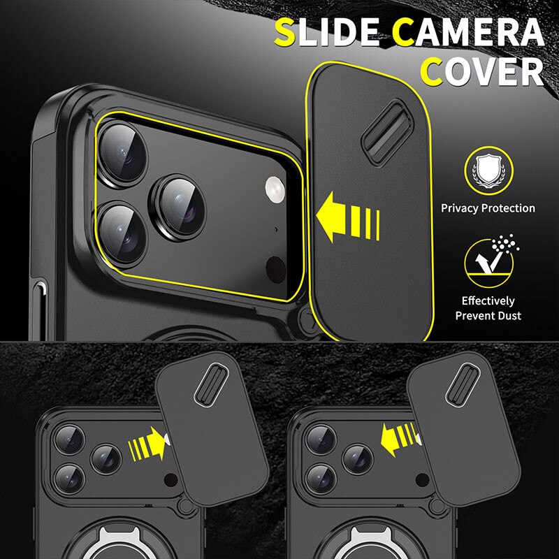 Carcasa pentru iPhone 17 Pro Max, Garsonal®, 6.9 inch, cu capac glisant pentru camera, suport rotativ 360, compatibila cu MagSafe, Negru