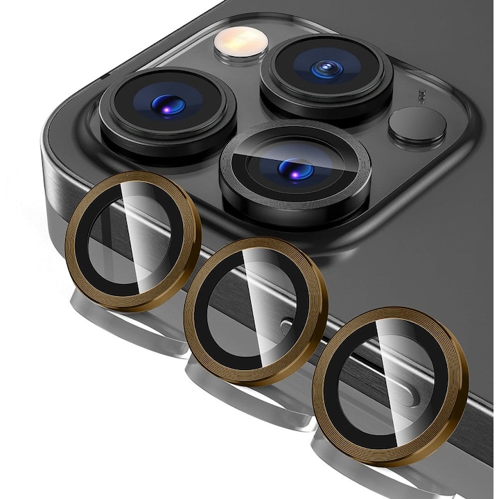 Folie Protectie Lentile Camera compatibila cu iPhone 12 Pro, CASEY STUDIOS™ MaxDefense+, Ultra HD, Protectie Profesionala Camere 3D, Anti Amprente, Anti Zgarieturi, Anti Socuri, Galben
