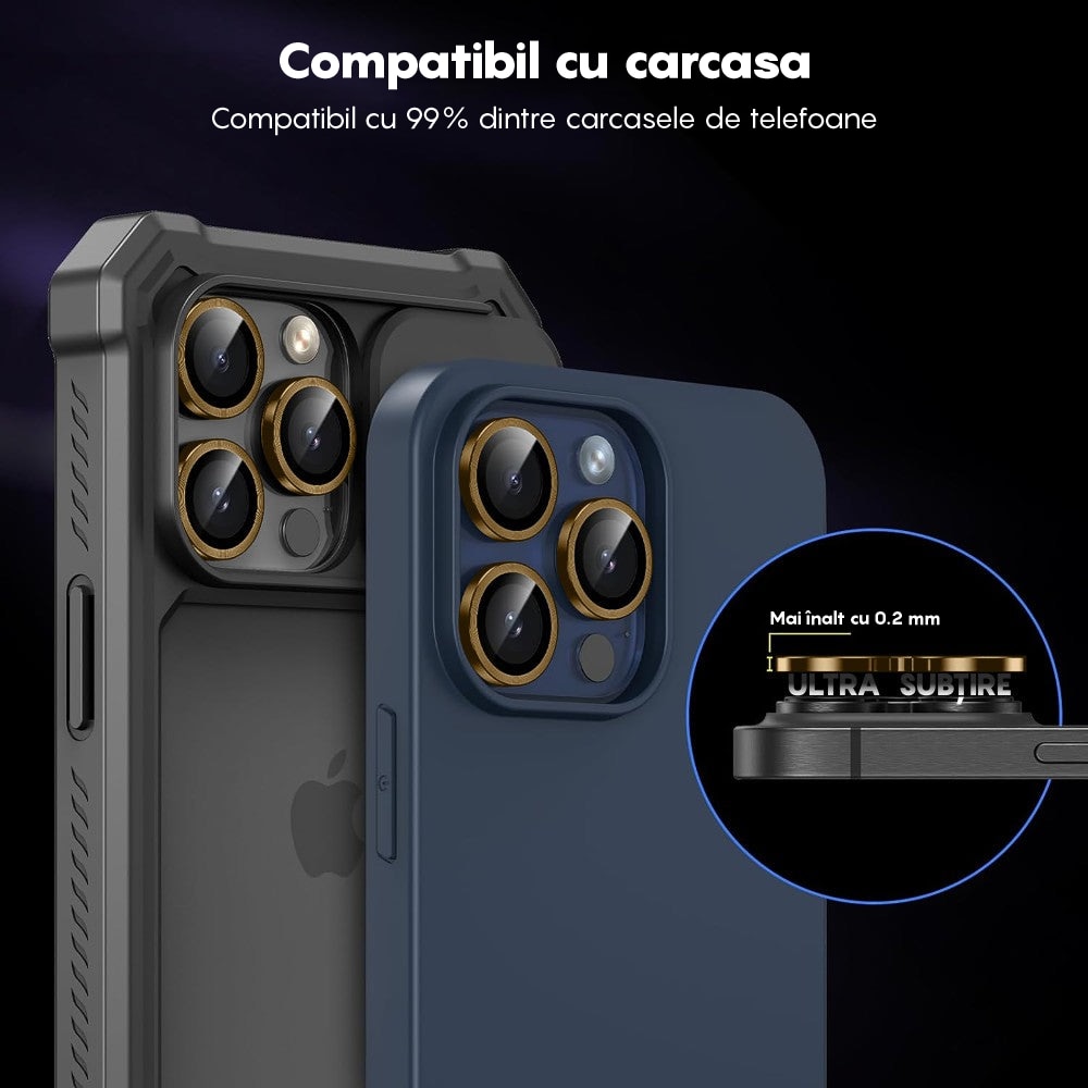 Folie Protectie Lentile Camera compatibila cu iPhone 12 Pro, CASEY STUDIOS™ MaxDefense+, Ultra HD, Protectie Profesionala Camere 3D, Anti Amprente, Anti Zgarieturi, Anti Socuri, Galben