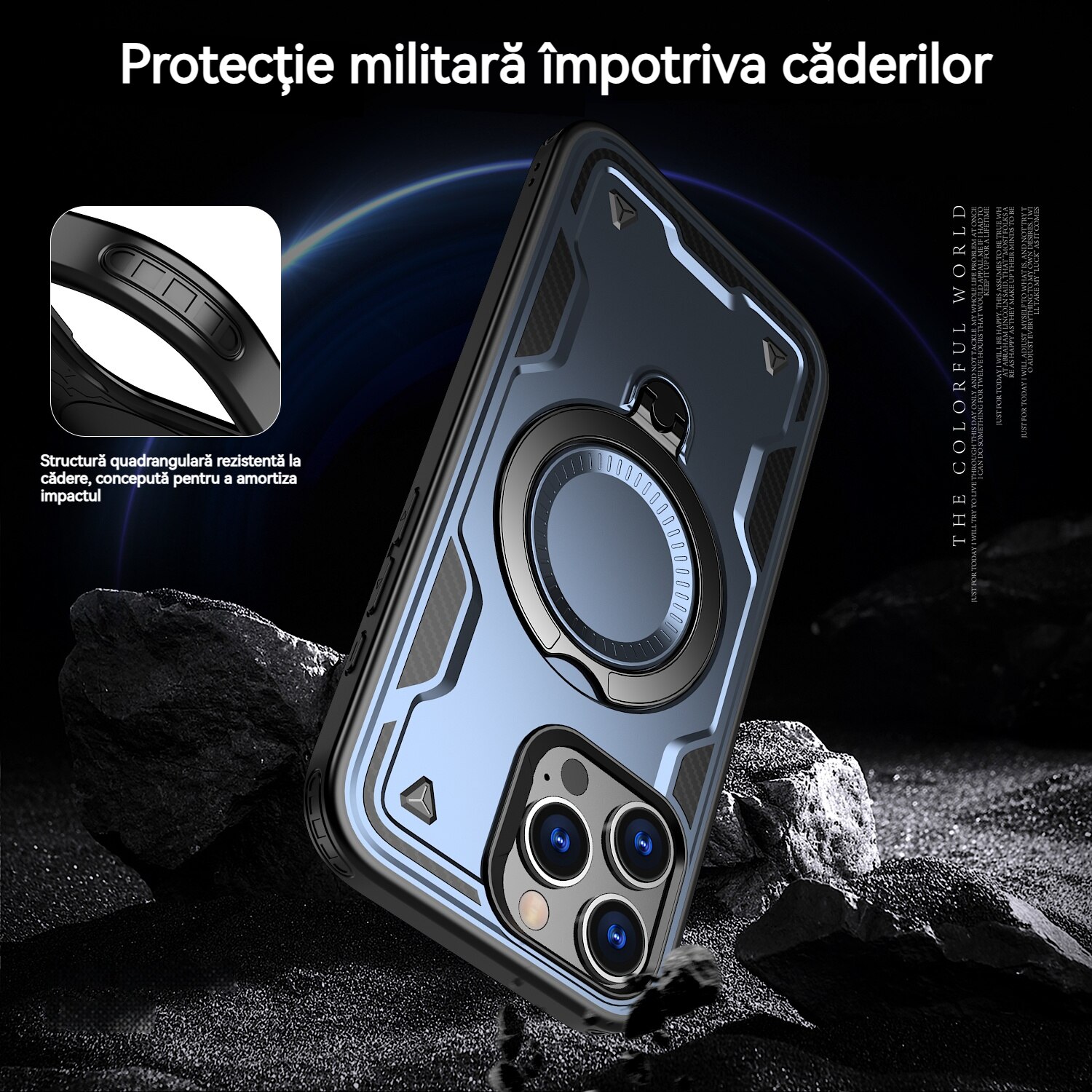 Husa de protectie, YSBER, Compatibila iPhone 16 Pro Husa telefon, protectie anti-soc, Rezistent la socuri, Suport inel, TPU, Albastru