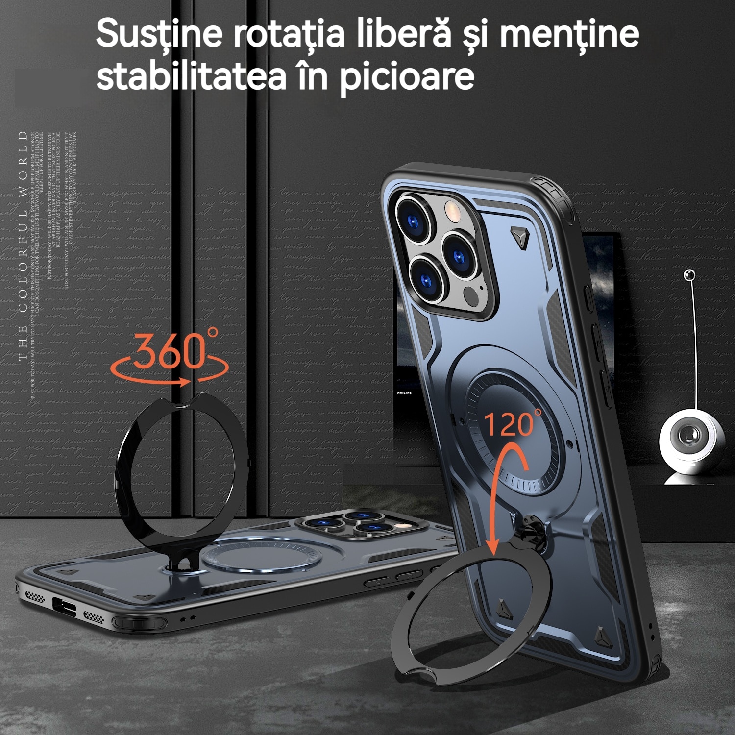 Husa de protectie, YSBER, Compatibila iPhone 16 Pro Husa telefon, protectie anti-soc, Rezistent la socuri, Suport inel, TPU, Albastru