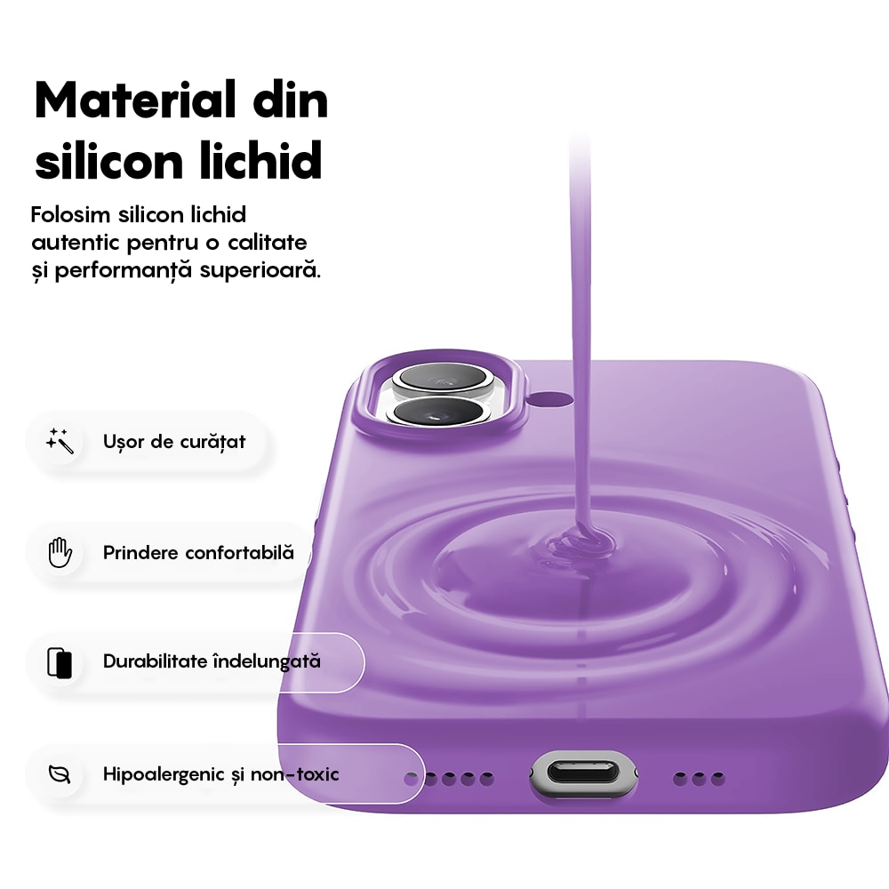 Husa CASEY STUDIOS™ pentru Apple iPhone 17, Soft Silicone Premium, Microfibra in Interior, de Protectie, Ultra Slim, pentru Incarcare Wireless, Margini Ridicate pentru Protectia Ecranului si a Camerelor, Mov deschis