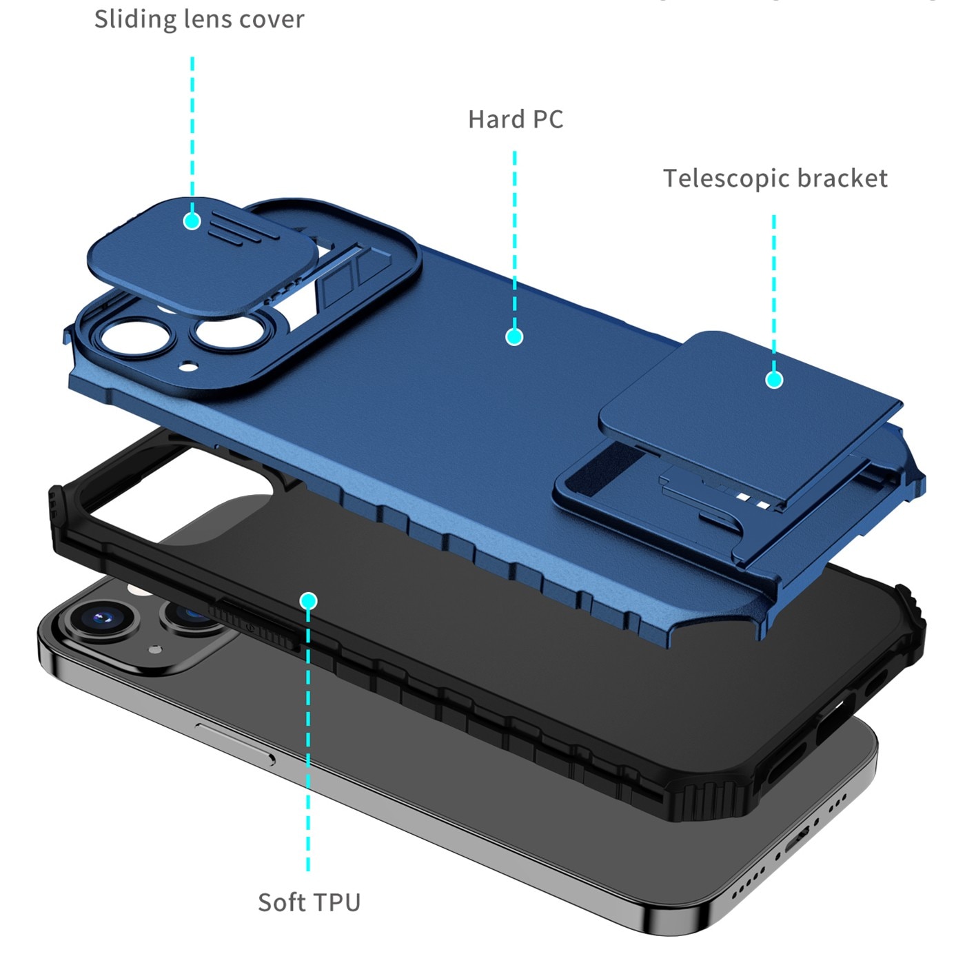 Husa Defender cu Stand pentru iPhone 13, Albastru, Suport reglabil, Antisoc, Protectie glisanta pentru camera, Flippy
