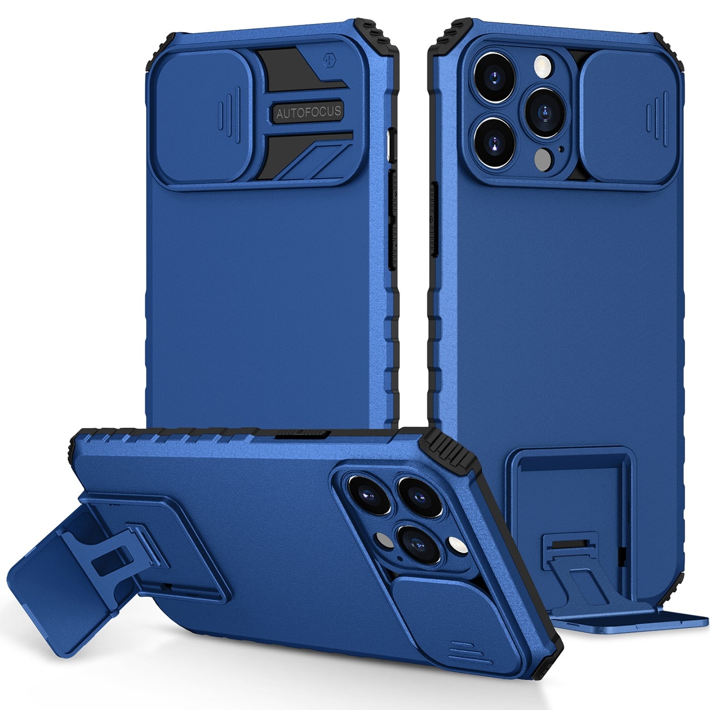 Husa Defender cu Stand pentru iPhone 13, Albastru, Suport reglabil, Antisoc, Protectie glisanta pentru camera, Flippy