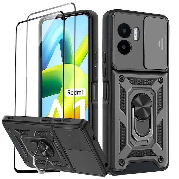 Set husa protectie telefon/2 folii protectie ecran, TPU, Pentru Xiaomi Redmi A2, Negru