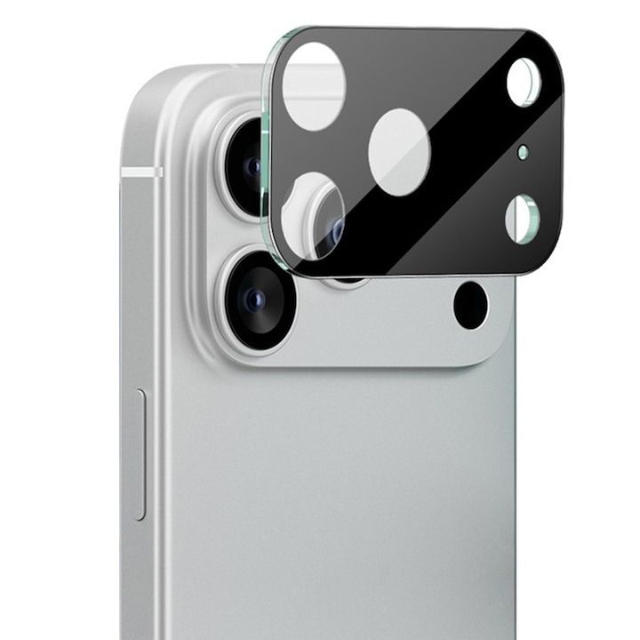 Folie de protectie camera pentru iPhone 17 Pro Max din sticla securizata, Full Cover, Rezistenta 9H, Anti-Zgarieturi, montare usoara - negru