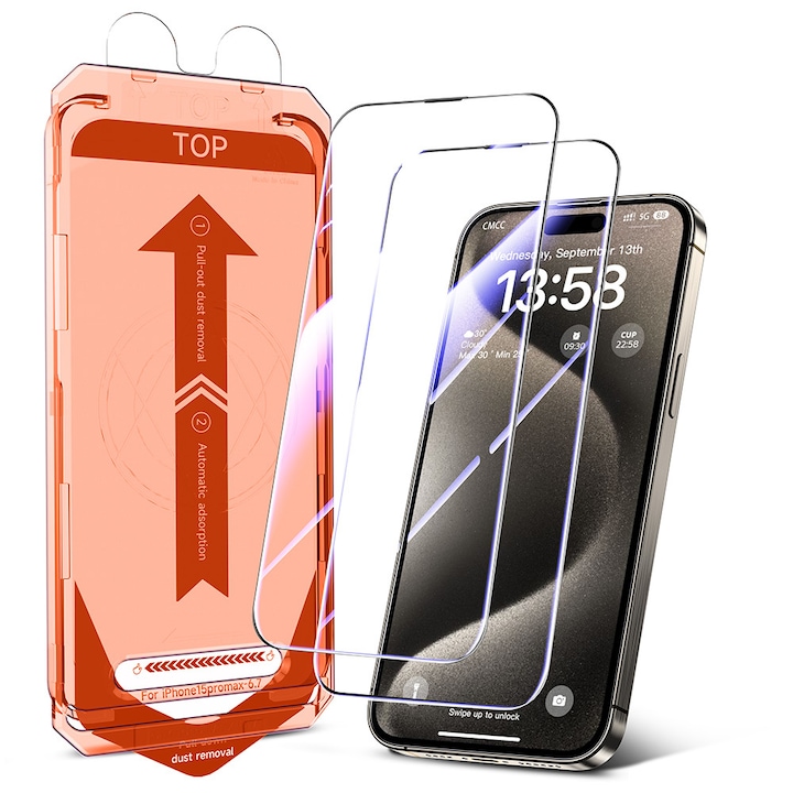 Set 2 x Folie din sticla pentru iPhone 17 6, 3''/iPhone 16 Pro 6, 3'', Full Cover, Aplicator Inclus, Montaj Usor, 9H, HD, Transparenta