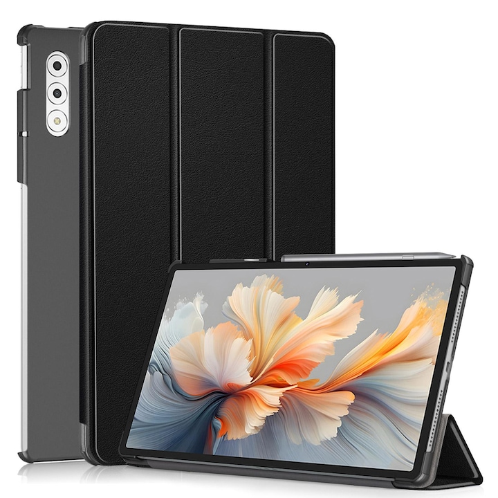 Husa tableta pentru Lenovo Yoga Tab Plus, piele PU colorata, tip carte cu 3 plieri, capac magnetic, acces complet la porturi, negru