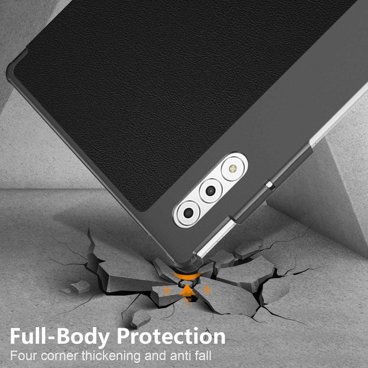 Husa tableta pentru Lenovo Yoga Tab Plus, piele PU colorata, tip carte cu 3 plieri, capac magnetic, acces complet la porturi, negru