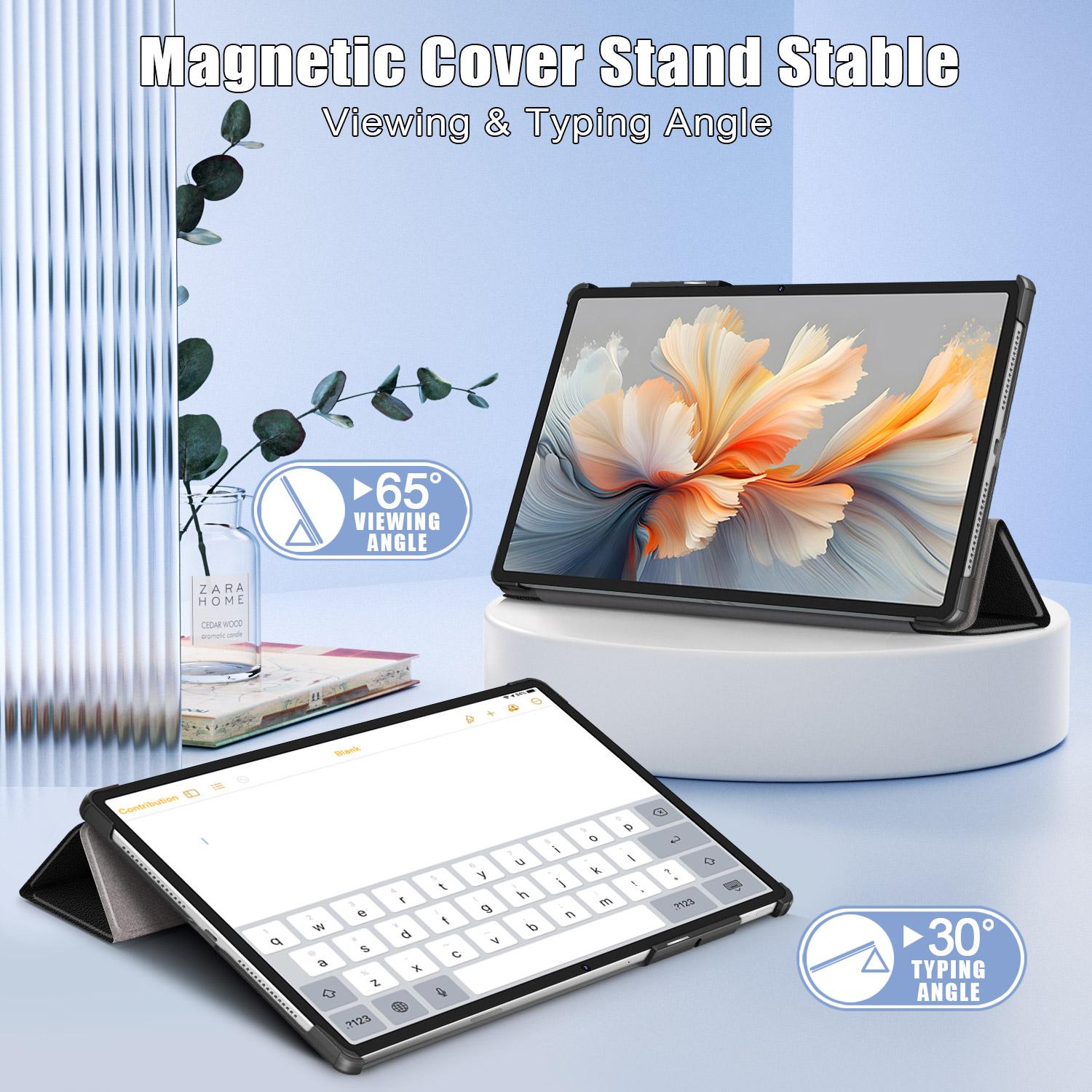 Husa tableta pentru Lenovo Yoga Tab Plus, piele PU colorata, tip carte cu 3 plieri, capac magnetic, acces complet la porturi, negru