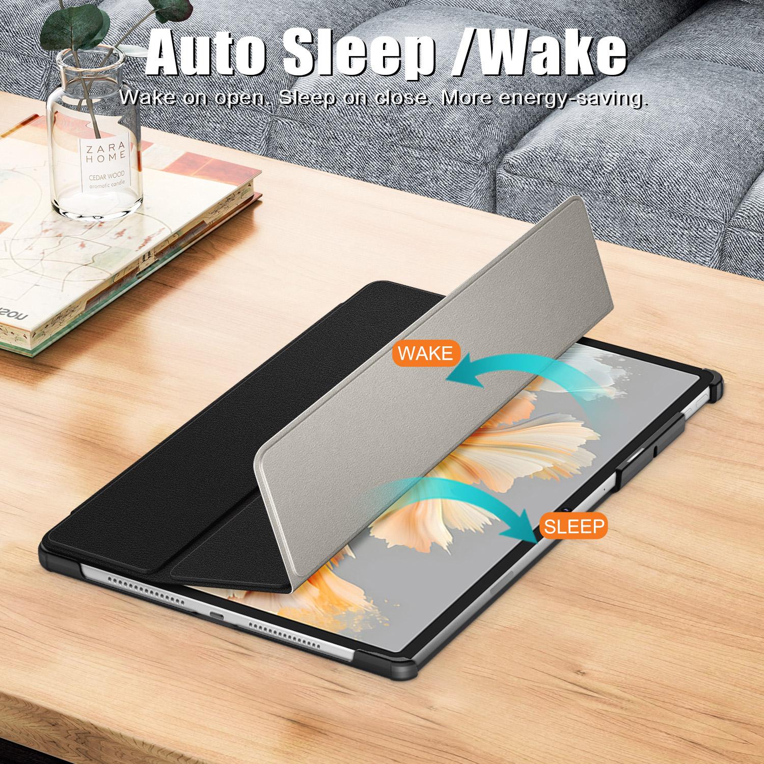Husa tableta pentru Lenovo Yoga Tab Plus, piele PU colorata, tip carte cu 3 plieri, capac magnetic, acces complet la porturi, negru