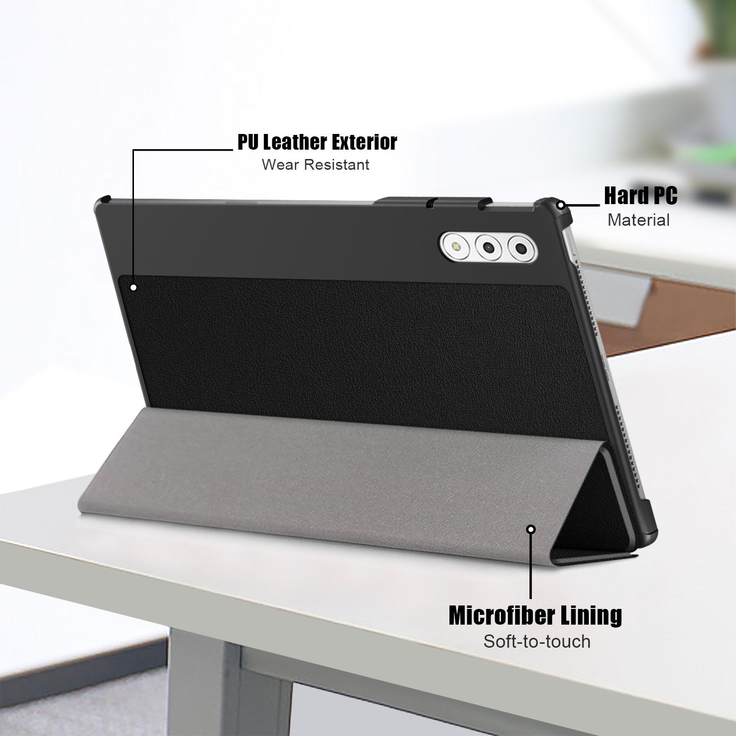Husa tableta pentru Lenovo Yoga Tab Plus, piele PU colorata, tip carte cu 3 plieri, capac magnetic, acces complet la porturi, negru