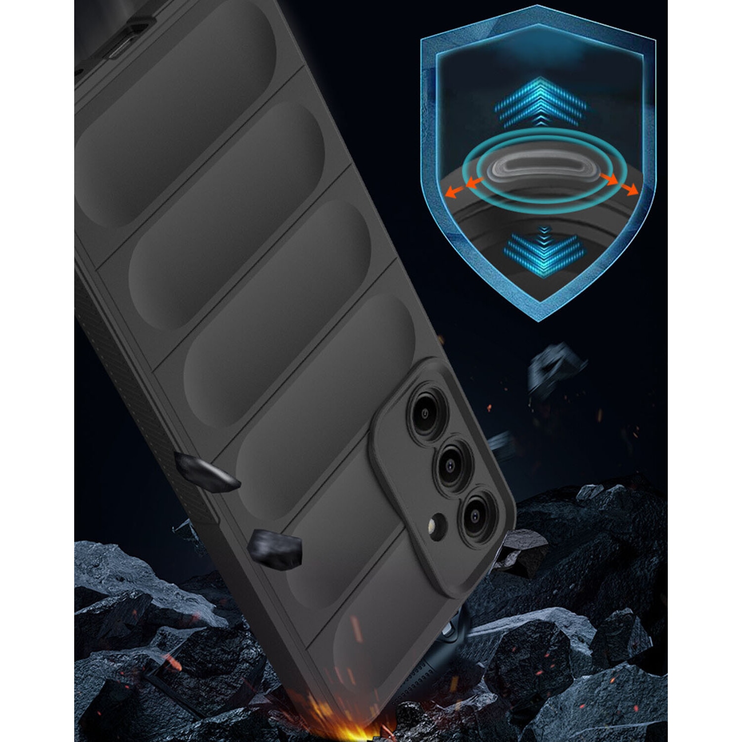 Husa telefon, pentru Samsung Galaxy S25 Heavy Duty 3D cu dungi senzoriale Soft Silicone Full Portection Rezistent la socuri, Negru intens