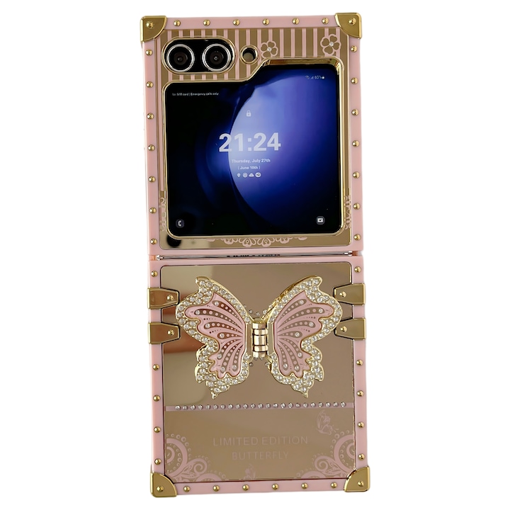 Husa pentru Samsung Galaxy Z Flip7, Protectie durabila din TPU, Protectie Integrala Anti-Soc, Design Durabil, LIXR-03EN®, Suport roz pentru fluturi，Roz