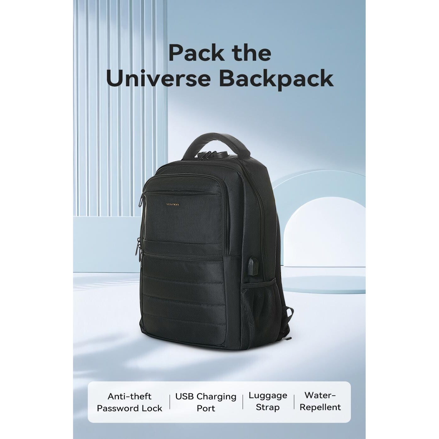 Rucsac laptop, VENTION, KRK, Poliester, 15.6 inch, port USB, Lacat echipat, Impermeabil, Negru, 45 x 30 x 15cm
