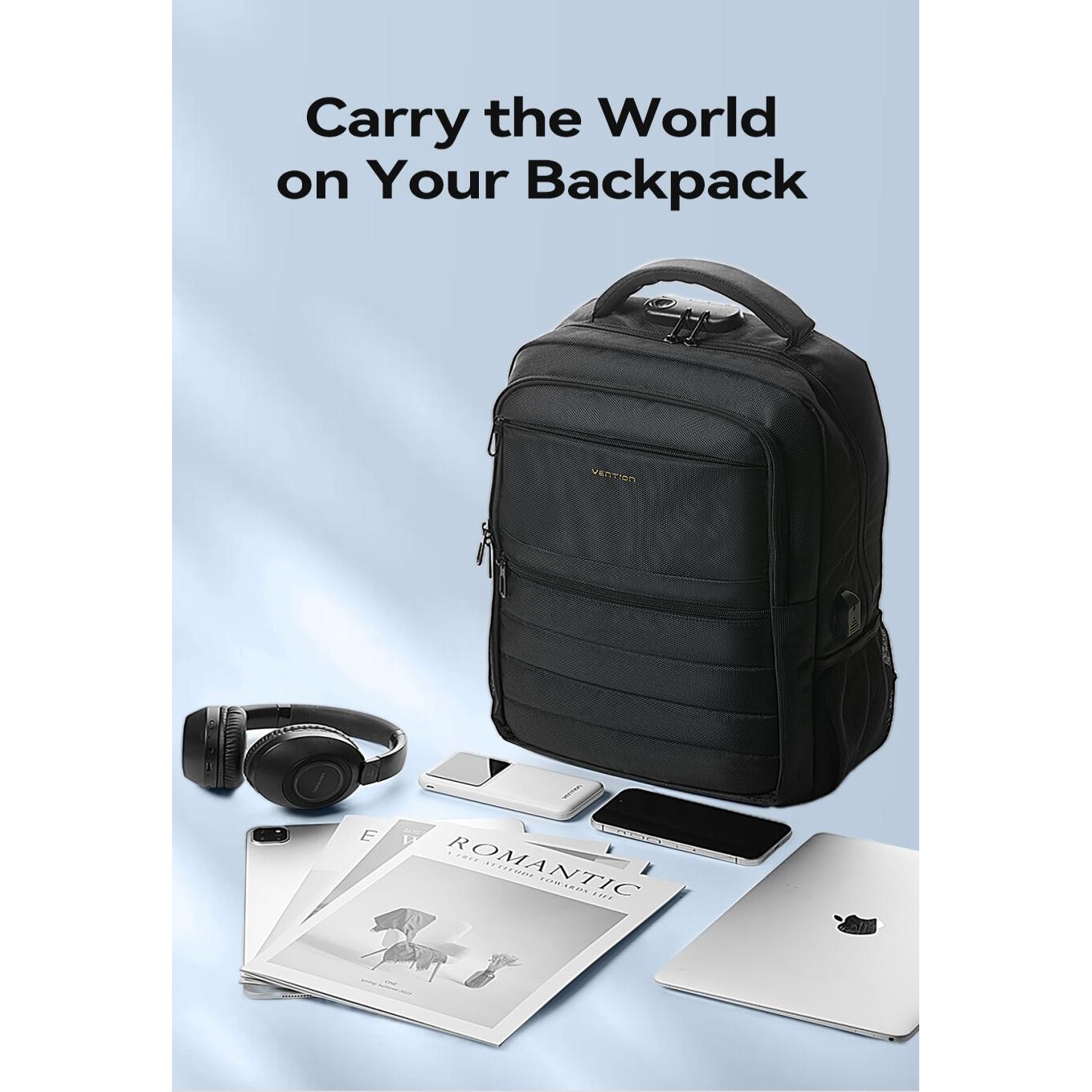 Rucsac laptop, VENTION, KRK, Poliester, 15.6 inch, port USB, Lacat echipat, Impermeabil, Negru, 45 x 30 x 15cm