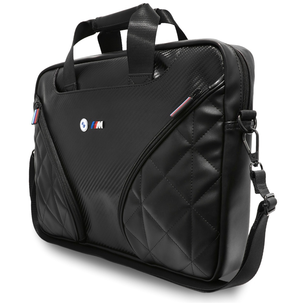 Geanta laptop BMW Carbon Pockets, logo metalic, 16", neagra