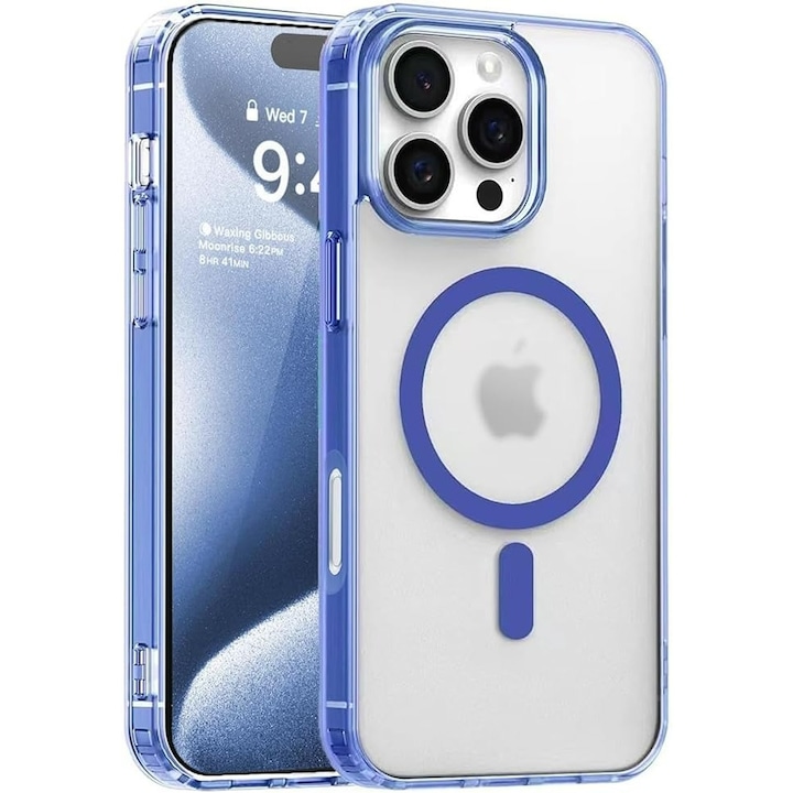 Husa de Protectie Telefon Albastra, Compatibila cu iPhone 16 Pro Max & MagSafe cu Absorbtie Puternica, Margini Ridicate pentru Protectia Ecranului si Camerelor, Rezistenta la Socuri & Anti-zgarieturi, Protectie Durabila Zilnica