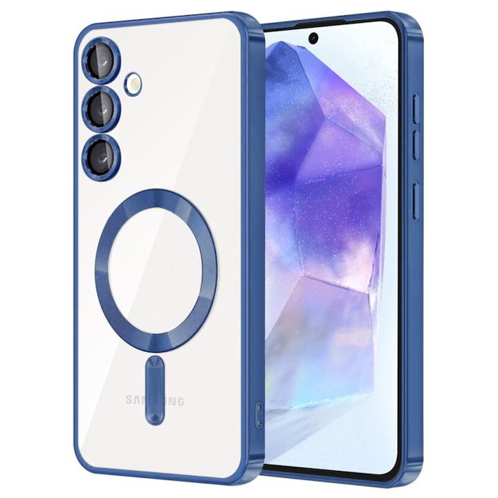 Husa compatibila cu Samsung Galaxy S24 FE, Luxury Magsafe, Protectie Camere, Contur Albastru, Atlas