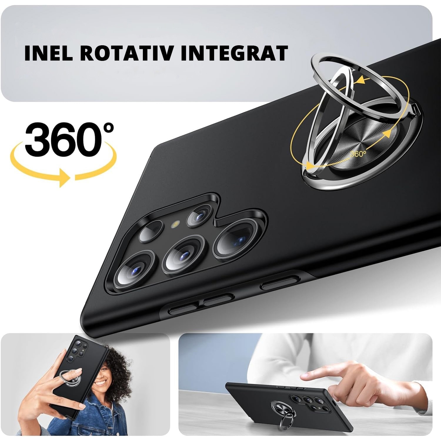 Husa de protectie pentru Samsung Galaxy S25 Ultra, Hybrid Antisoc, Kickstand, Bumper inel rotativ 360, Protectia lentilelor, Negru