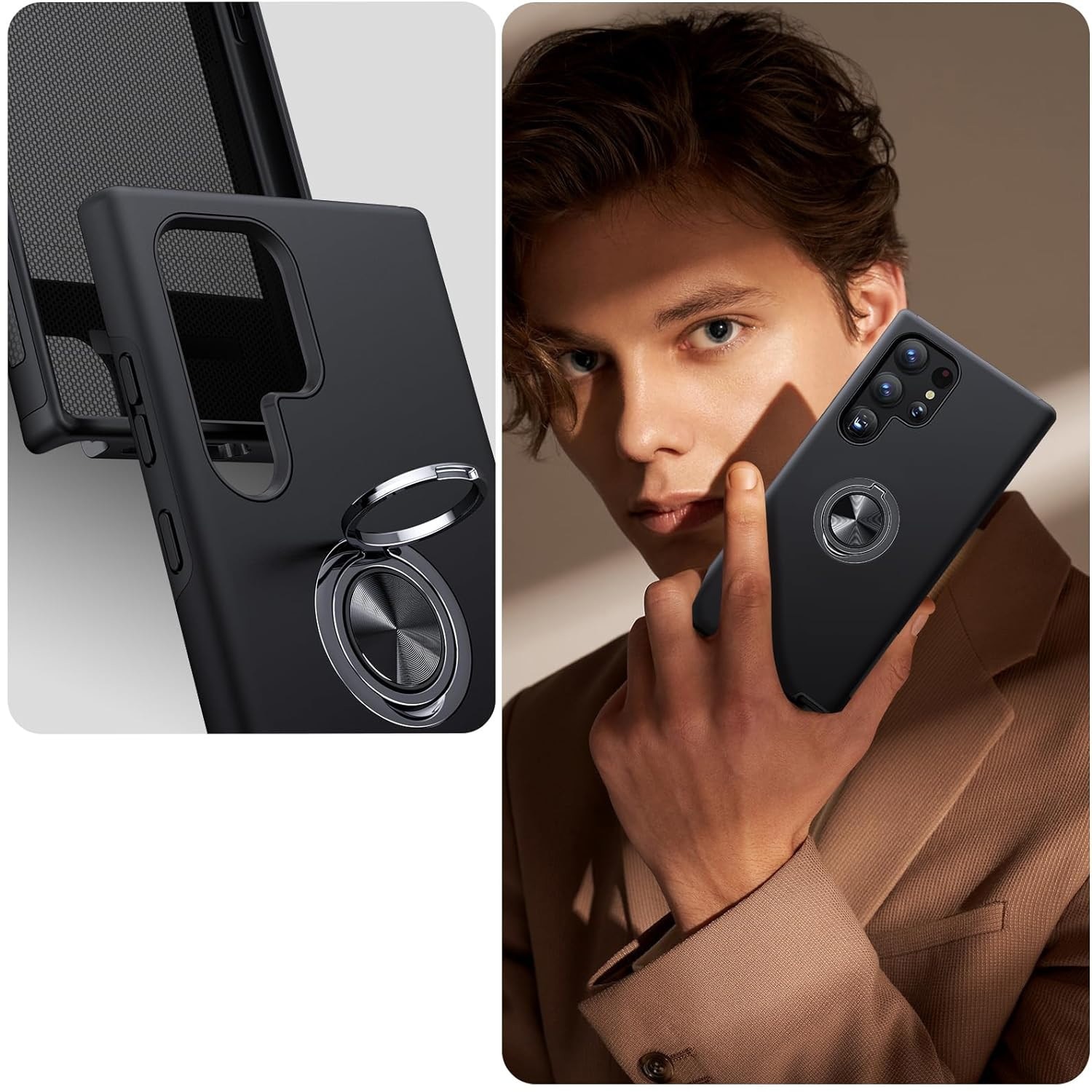 Husa de protectie pentru Samsung Galaxy S25 Ultra, Hybrid Antisoc, Kickstand, Bumper inel rotativ 360, Protectia lentilelor, Negru