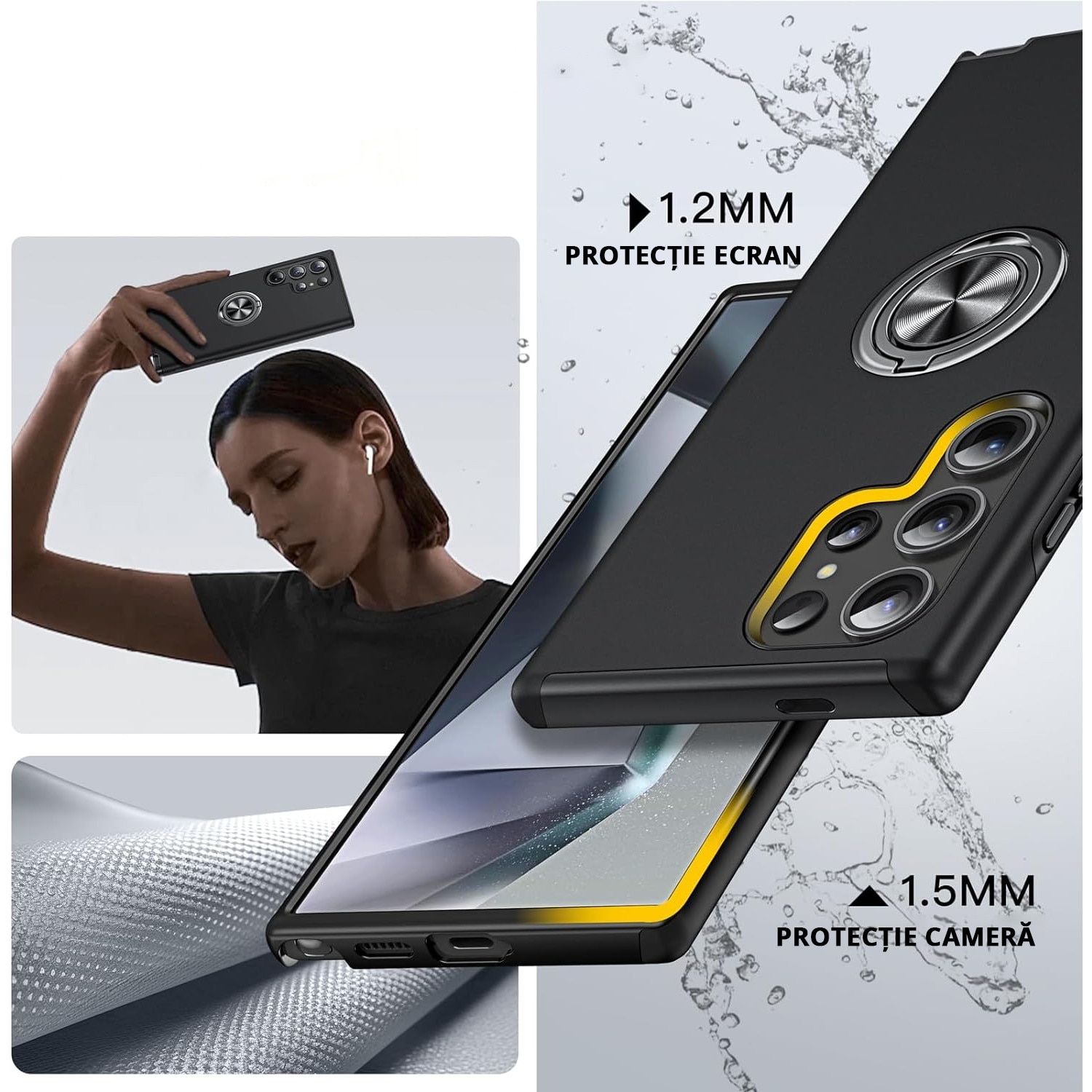 Husa de protectie pentru Samsung Galaxy S25 Ultra, Hybrid Antisoc, Kickstand, Bumper inel rotativ 360, Protectia lentilelor, Negru