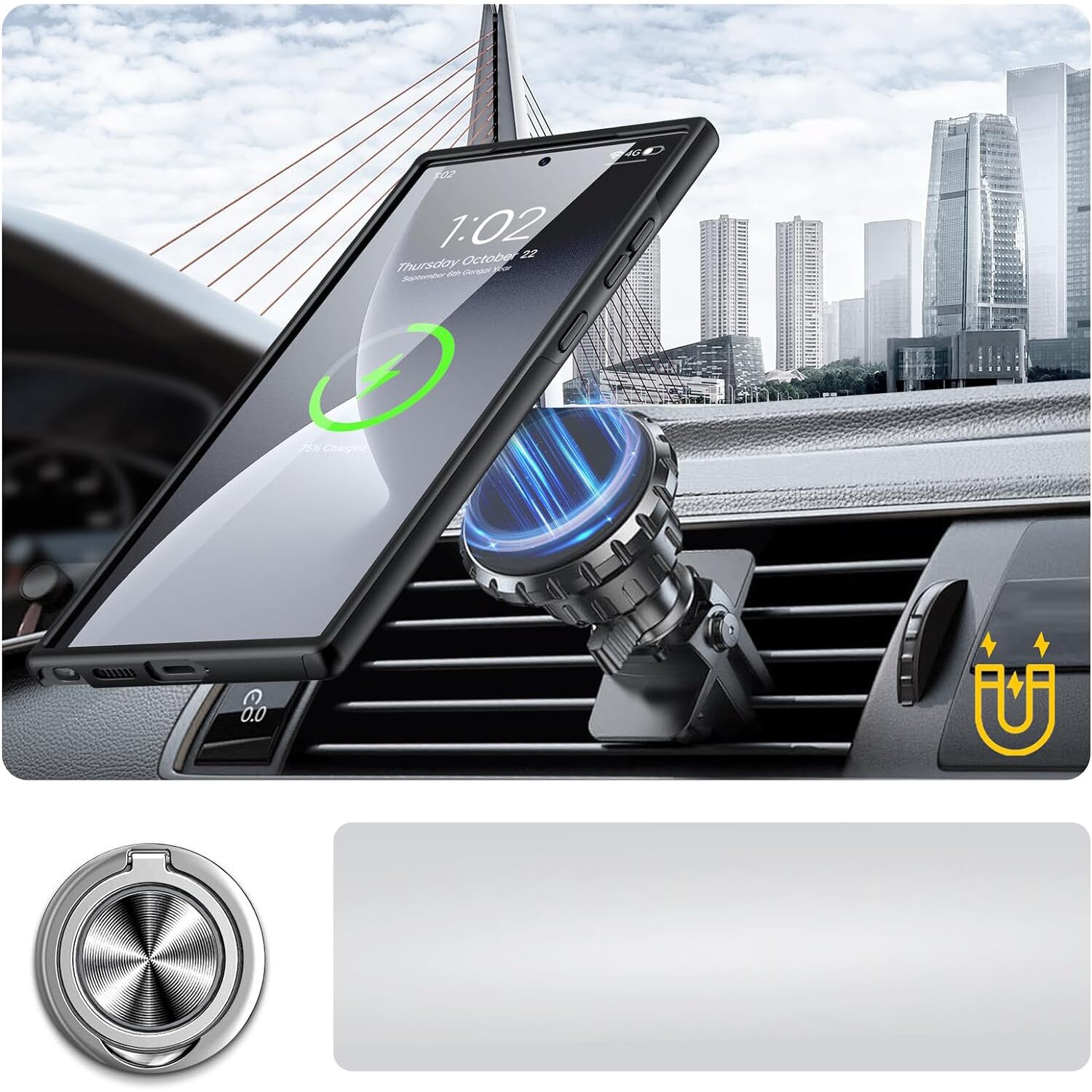 Husa de protectie pentru Samsung Galaxy S25 Ultra, Hybrid Antisoc, Kickstand, Bumper inel rotativ 360, Protectia lentilelor, Negru
