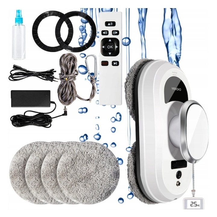 Robot de curatat geamuri, 10 accesorii microfibra, 4m cablu, alb