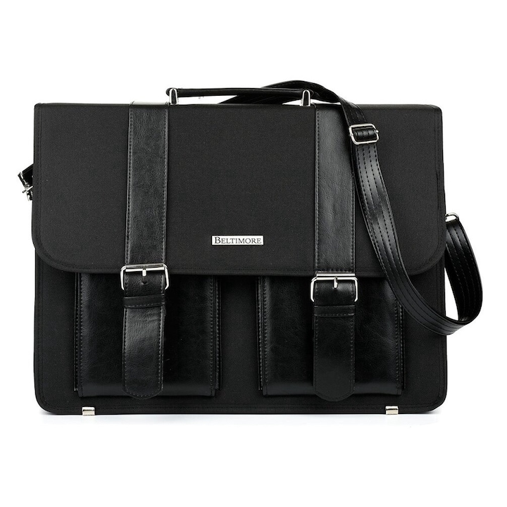 Servieta eleganta cu spatiu pentru laptop de 15.6", Beltimore, Piele ecologica, 42 x 17 x 31 cm, Negru