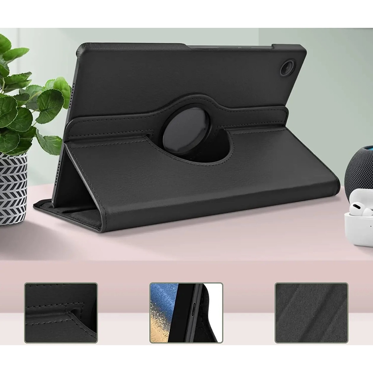 Husa rotativa 360°, Samsung, Galaxy Tab A9 8.7, dimensiune, piele, functie de suport, acces la porturi, design subtire, calitate superioara, colturi intarite, usor de utilizat, aspect estetic, setul contine 1 bucata, material: piele ecologica
