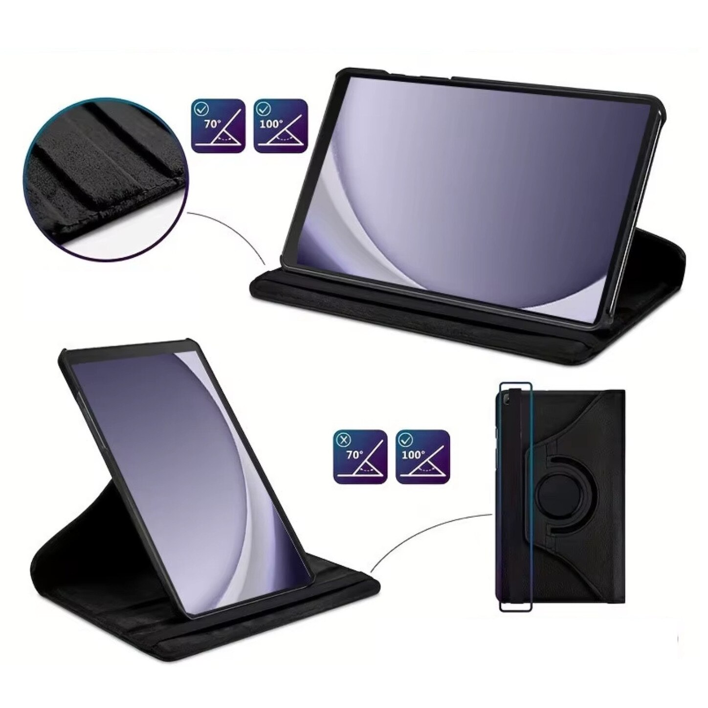 Husa rotativa 360°, Samsung, Galaxy Tab A9 8.7, dimensiune, piele, functie de suport, acces la porturi, design subtire, calitate superioara, colturi intarite, usor de utilizat, aspect estetic, setul contine 1 bucata, material: piele ecologica