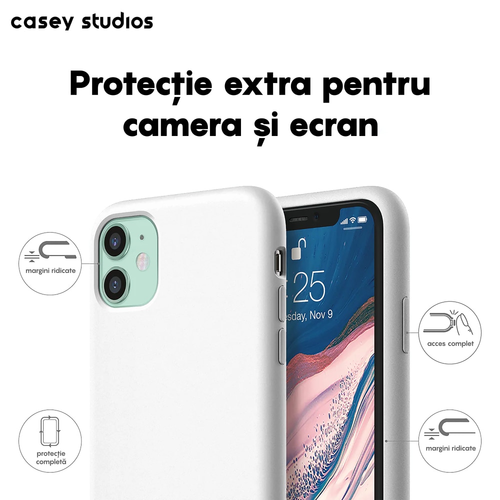 Husa CASEY STUDIOS™ pentru Apple iPhone 11, Soft Silicone Premium, Microfibra in Interior, Alb, de Protectie, Ultra Slim, pentru Incarcare Wireless, Margini Ridicate pentru Protectia Ecranului si a Camerelor