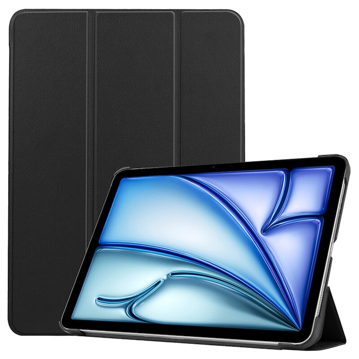Husa de protectie flip cover pentru tableta compatibila cu Apple iPad Air 11 2024, FoldPro, tip stand, piele ecologica, Negru