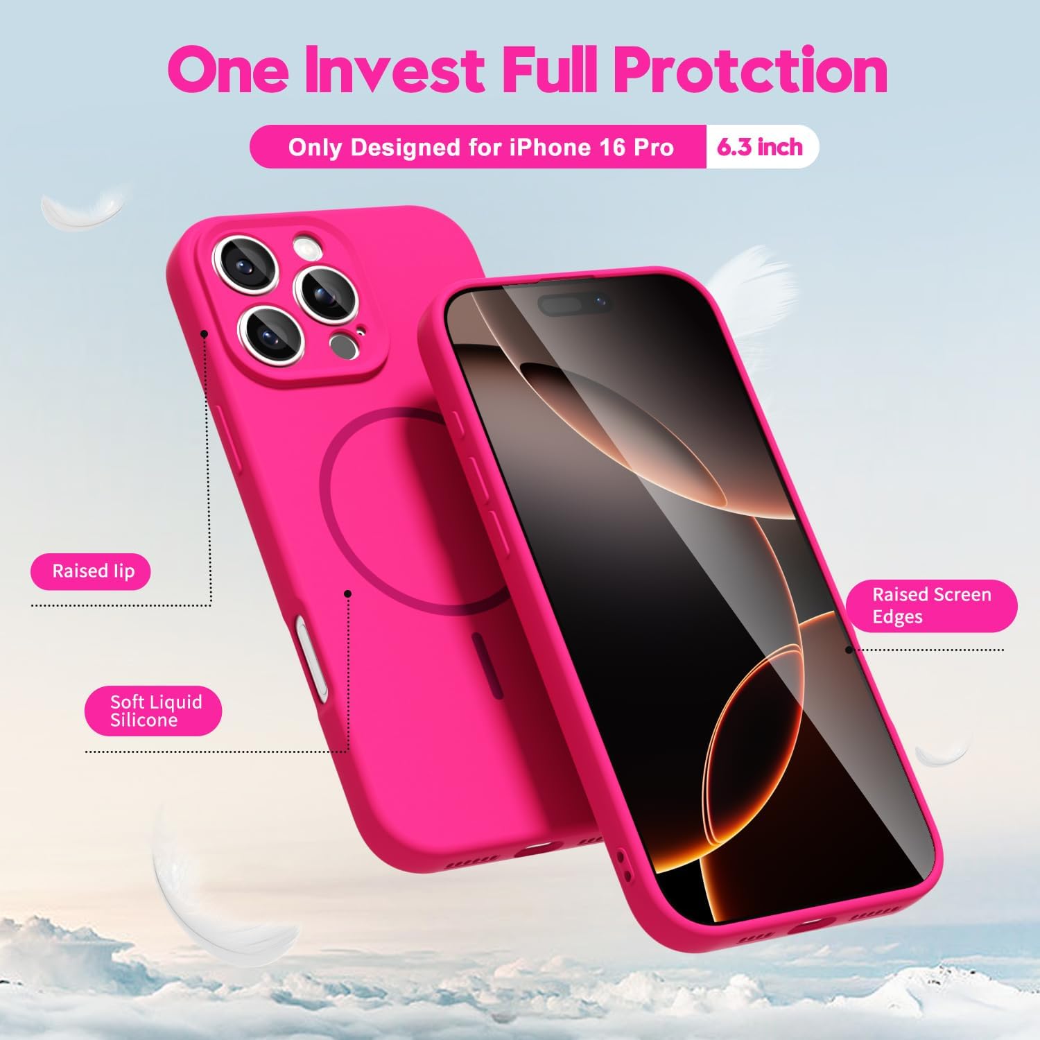 Husa Telefon din Silicon Roz Fluorescent, Compatibila cu MagSafe si iPhone 16 Pro, Rezistenta la Socuri, Prietenos cu Pielea, Margini Ridicate pentru Protectia Ecranului si Camerelor, Suprafata Anti-amprenta, Instalare Usoara Fara Scratch