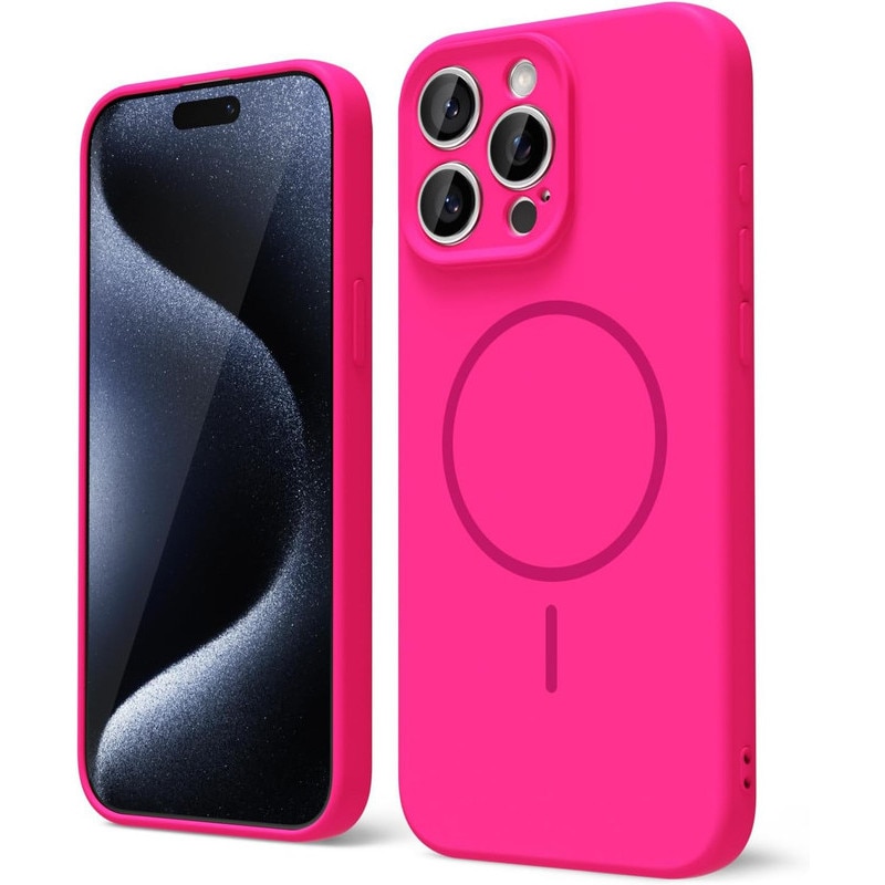 Husa Telefon din Silicon Roz Fluorescent, Compatibila cu MagSafe si iPhone 16 Pro, Rezistenta la Socuri, Prietenos cu Pielea, Margini Ridicate pentru Protectia Ecranului si Camerelor, Suprafata Anti-amprenta, Instalare Usoara Fara Scratch