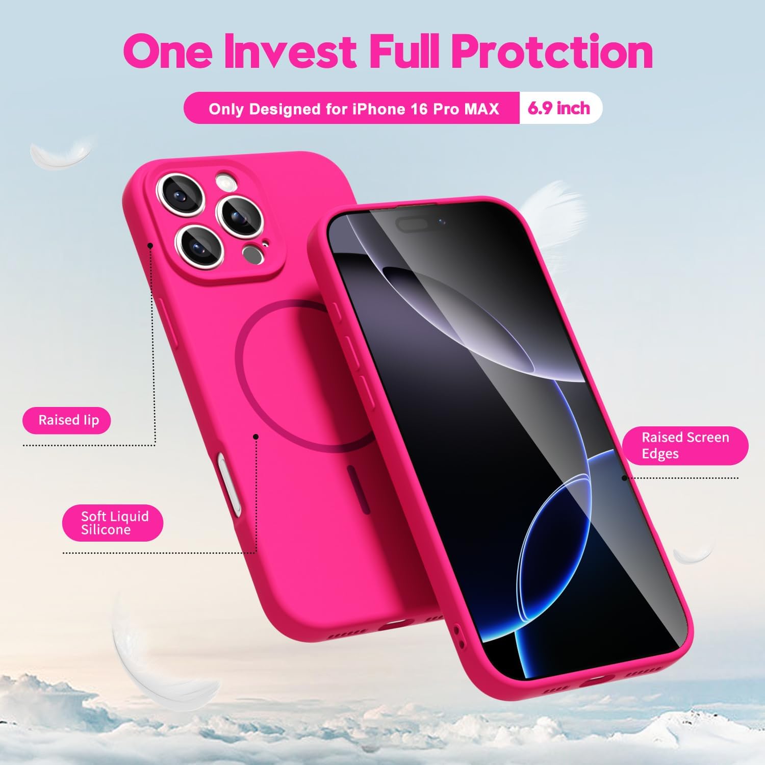 Husa Telefon din Silicon Roz Fluorescent, Compatibila cu MagSafe si iPhone 16 Pro, Rezistenta la Socuri, Prietenos cu Pielea, Margini Ridicate pentru Protectia Ecranului si Camerelor, Suprafata Anti-amprenta, Instalare Usoara Fara Scratch