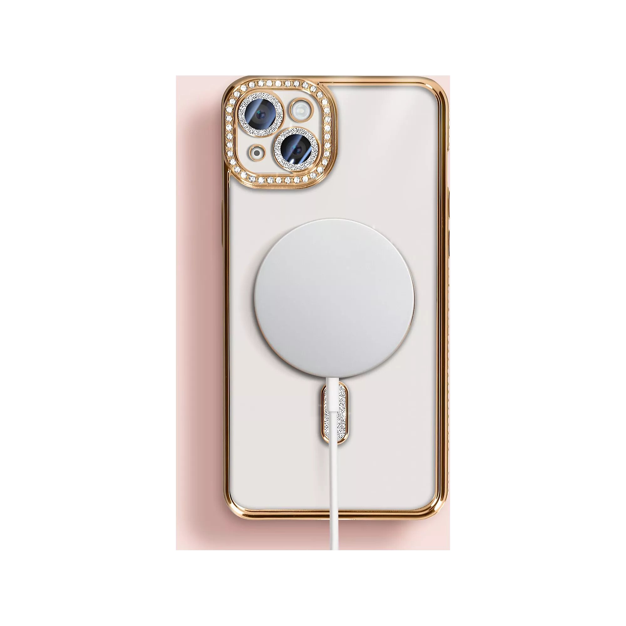Husa compatibila cu IPhone 15, Compatibila cu MagSafe, Contur Auriu cu Pietre