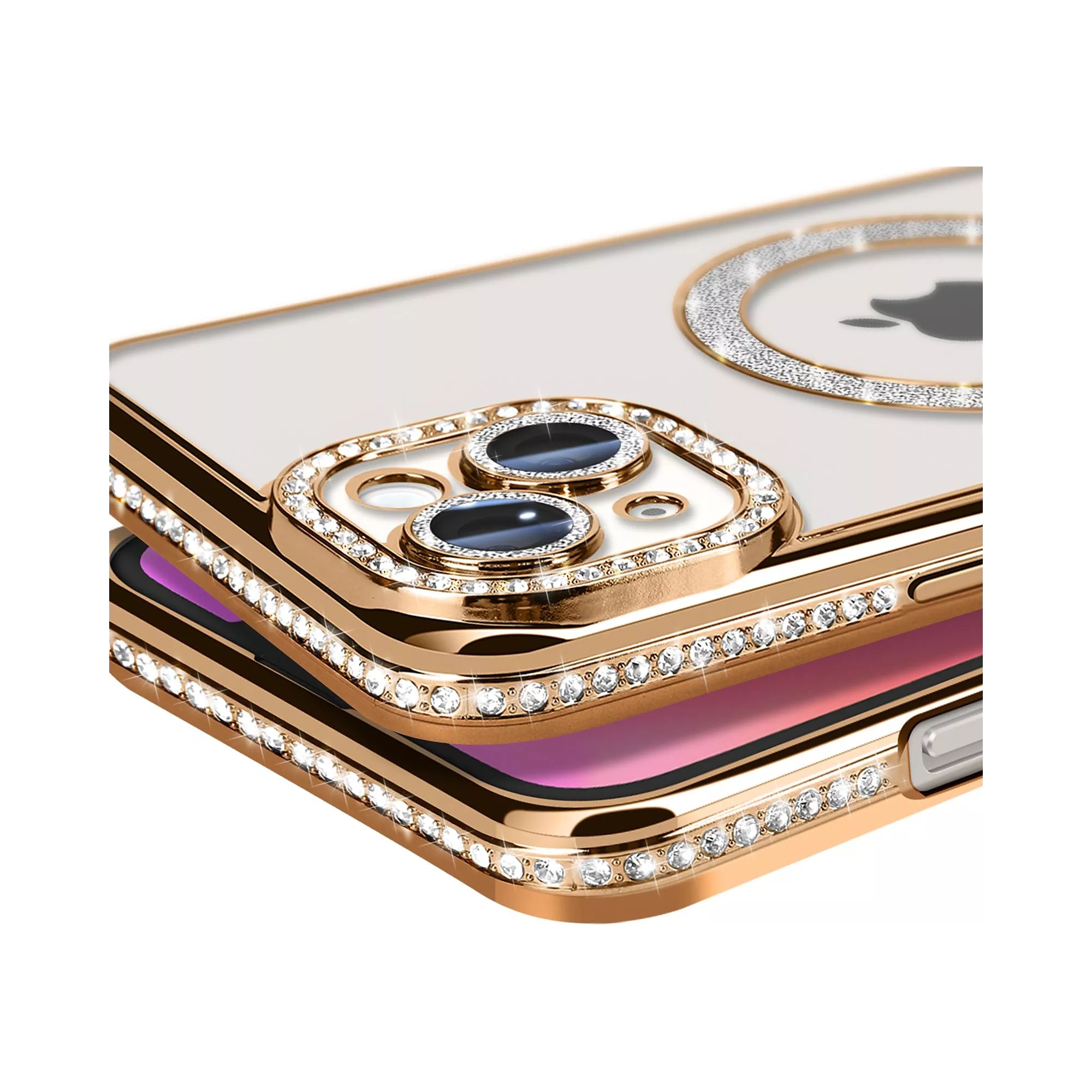 Husa compatibila cu IPhone 15, Compatibila cu MagSafe, Contur Auriu cu Pietre