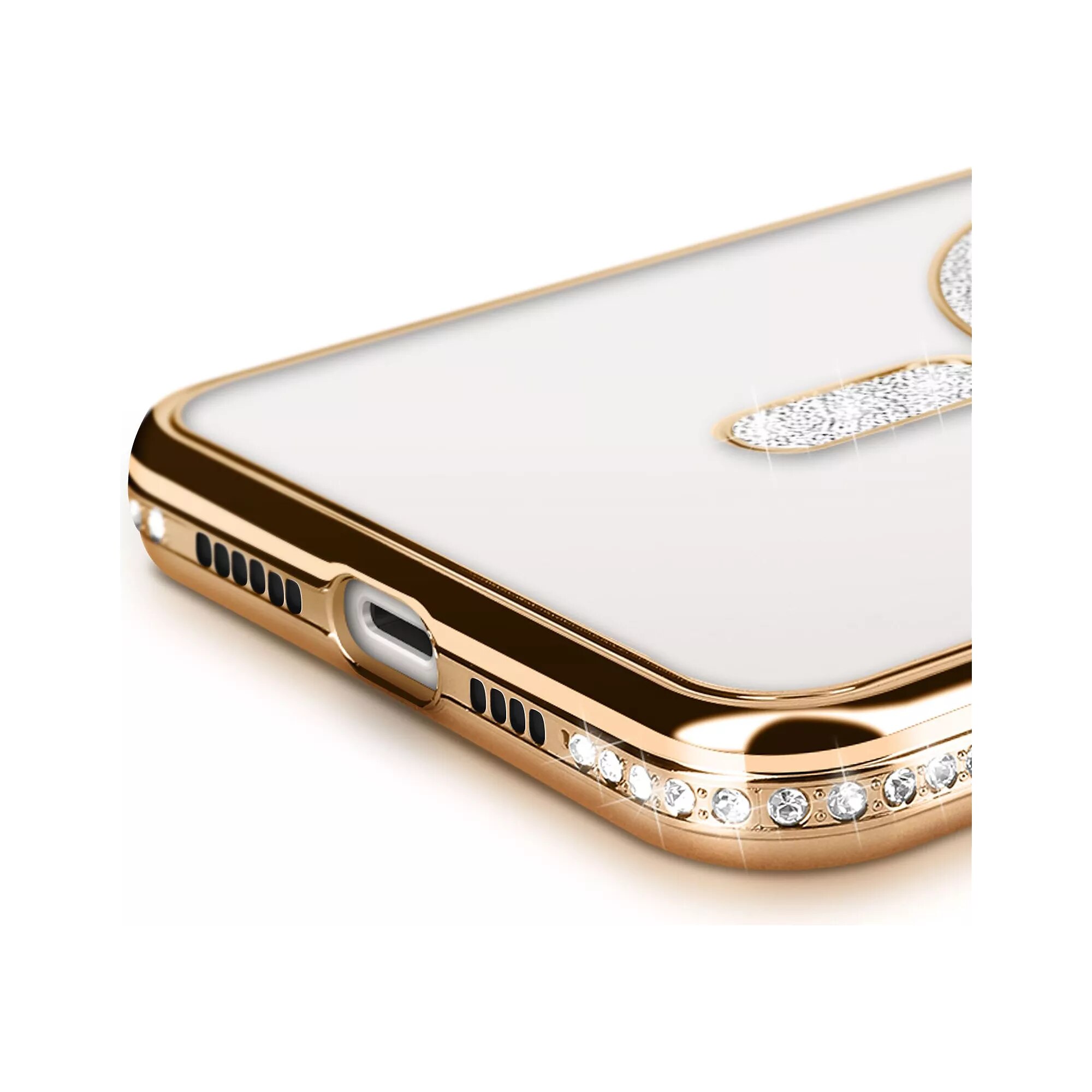 Husa compatibila cu IPhone 15, Compatibila cu MagSafe, Contur Auriu cu Pietre