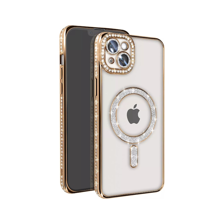 Husa compatibila cu IPhone 15, Compatibila cu MagSafe, Contur Auriu cu Pietre